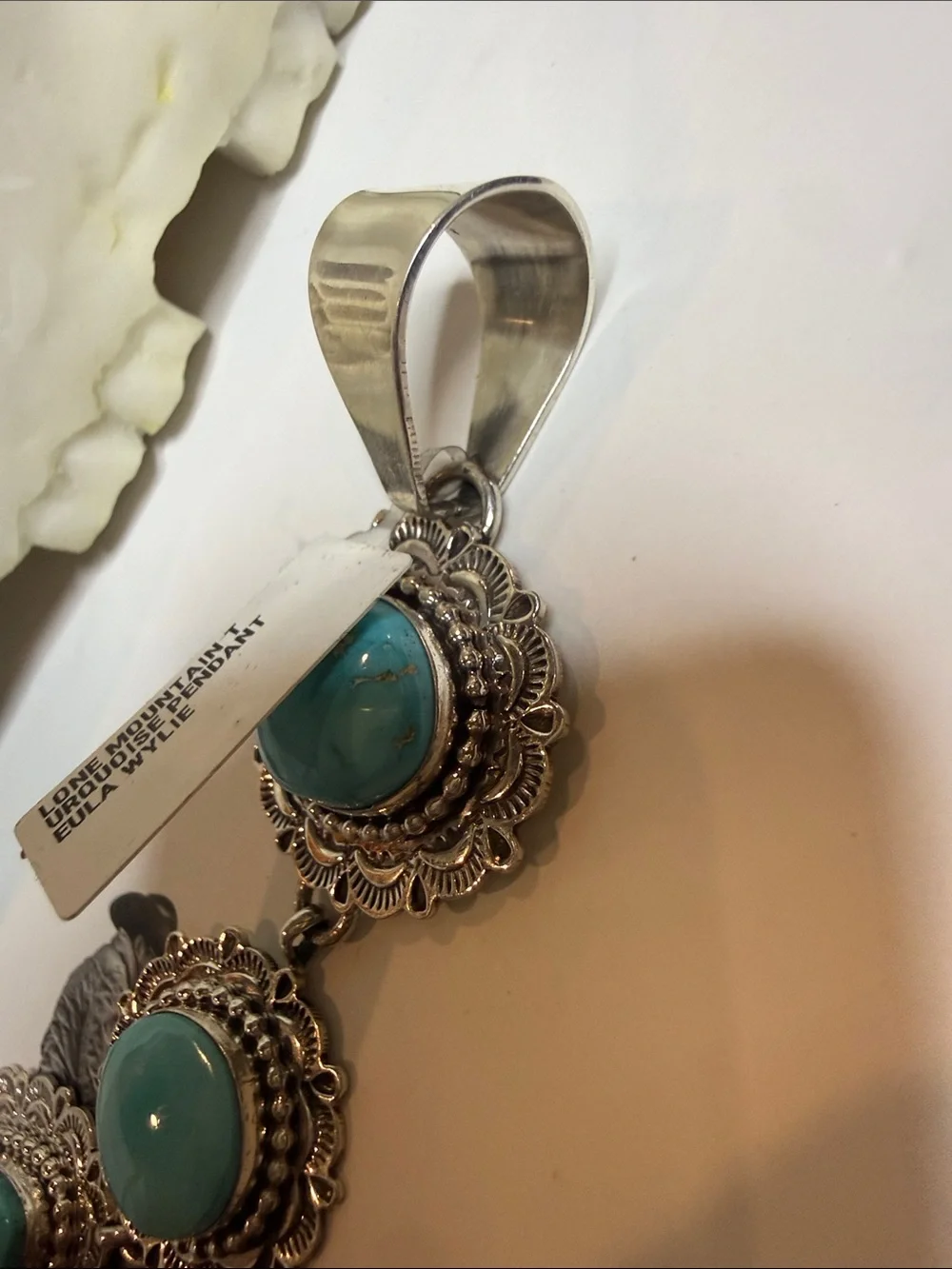 Three Stone Dangle Pendant Lone Mountain Turquoise Stamp Eula Wylie - 9.25 SS